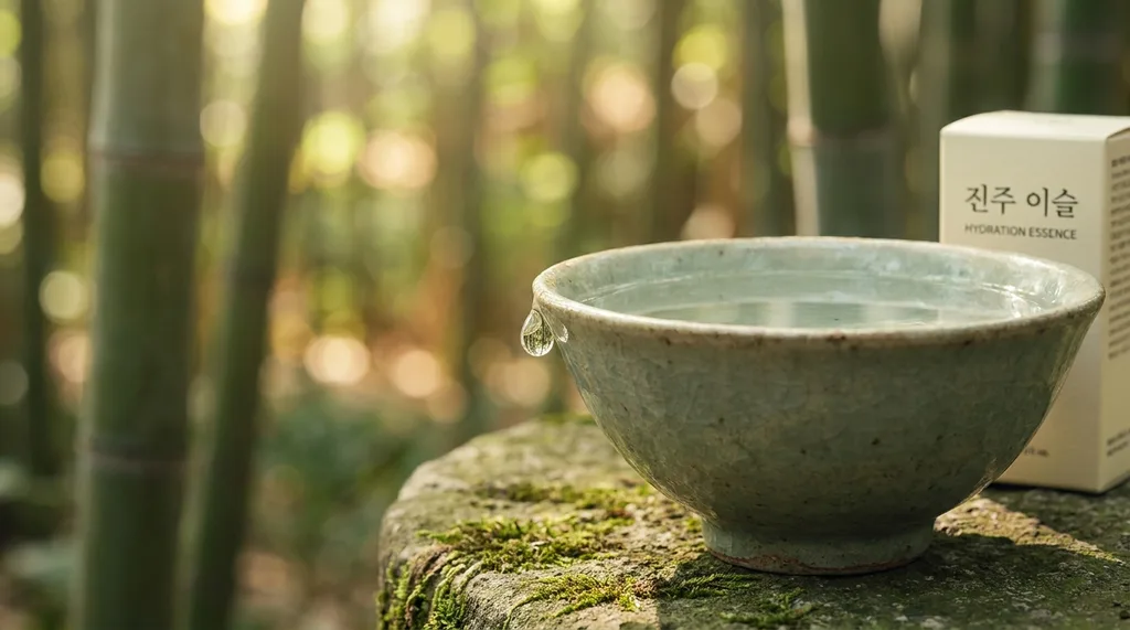 A serene, traditional Korean wabi-sabi setting with a minimalist celadon bowl, invoking deep hydration and timeless beauty