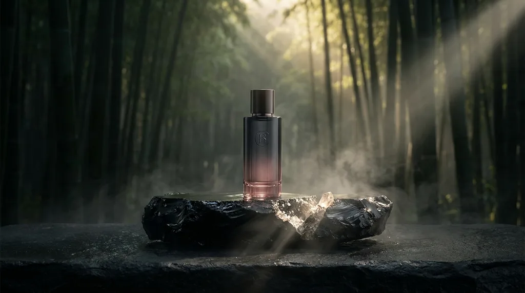 A single bottle of essence resting on a smooth, dark volcanic stone surface Minimalist composition with deep shadows and soft highlights Wide angle shot, bamboo grove morning light filtering through