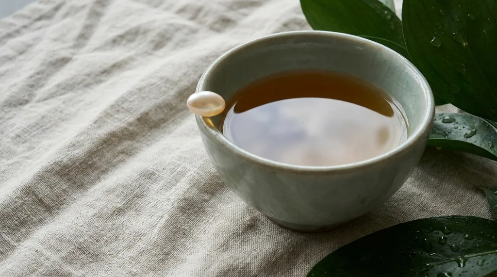 Cold smooth weight of celadon under fingertips, a pool of translucent amber resting inside it, one pale capsule at the rim catching the last moment before it rolls Pale morning sky reflected in the liquids still surface Extreme macro