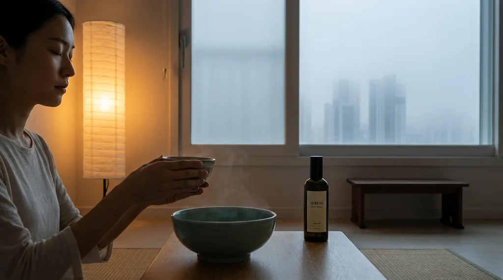 A private, pre-dawn Korean apartment sparse, warm-lit from a single paper lamp, the city fog outside the window barely visible The space is almost monastic in its stillness One bottle One bowl The entire ritual compressed into a single gesture