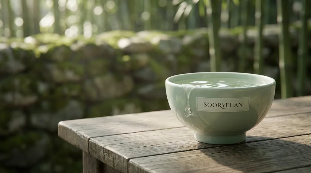 A serene, traditional Korean wabi-sabi setting with a minimalist celadon bowl, invoking deep hydration and timeless beauty
