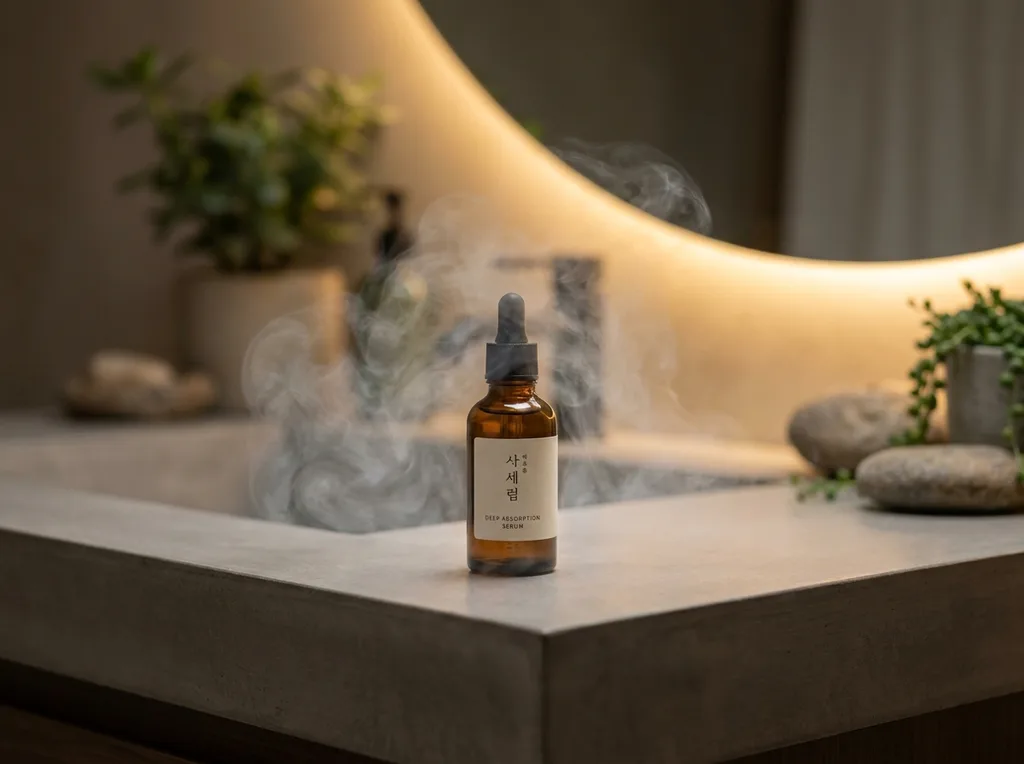 A modern, zen-inspired vanity top made of brushed concrete, featuring a single amber glass dropper bottle surrounded by cool, misted air