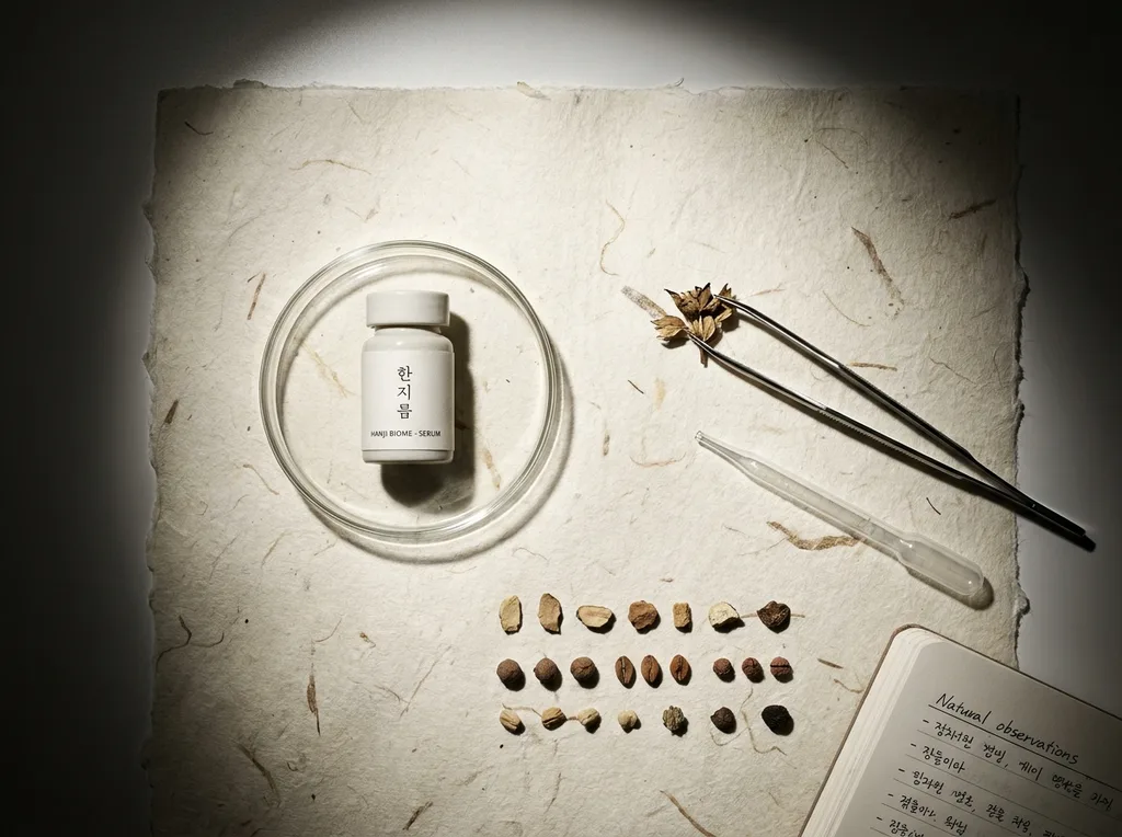 A sterile but organic laboratory environment where traditional hanji paper meets modern scientific observation