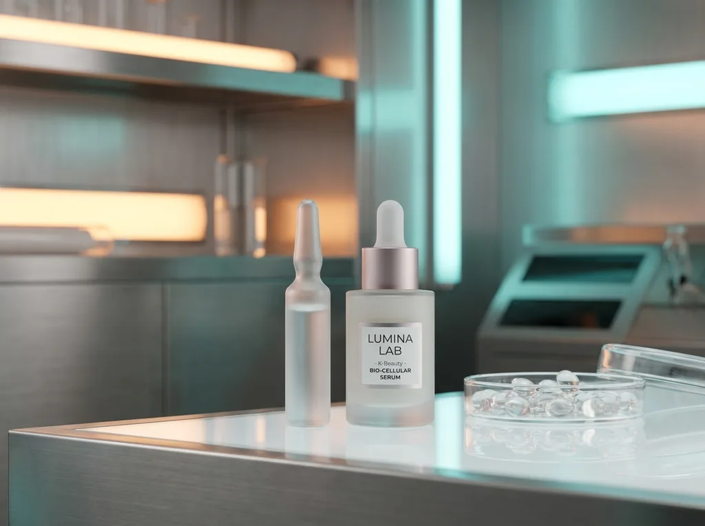 A futuristic, laboratory-inspired setting with soft glowing amber and teal light accents