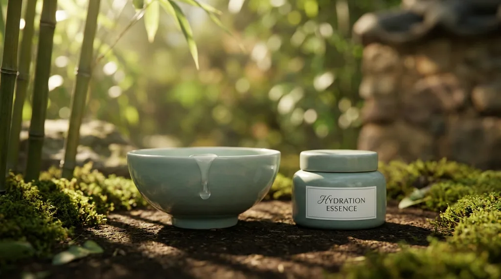A serene, traditional Korean wabi-sabi setting with a minimalist celadon bowl, invoking deep hydration and timeless beauty