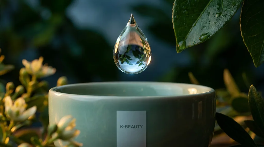 Cold weight of a single translucent drop suspended one centimeter above a celadon bowl Surface tension holds barely and within it floats a refracted image of pale morning sky Extreme macro