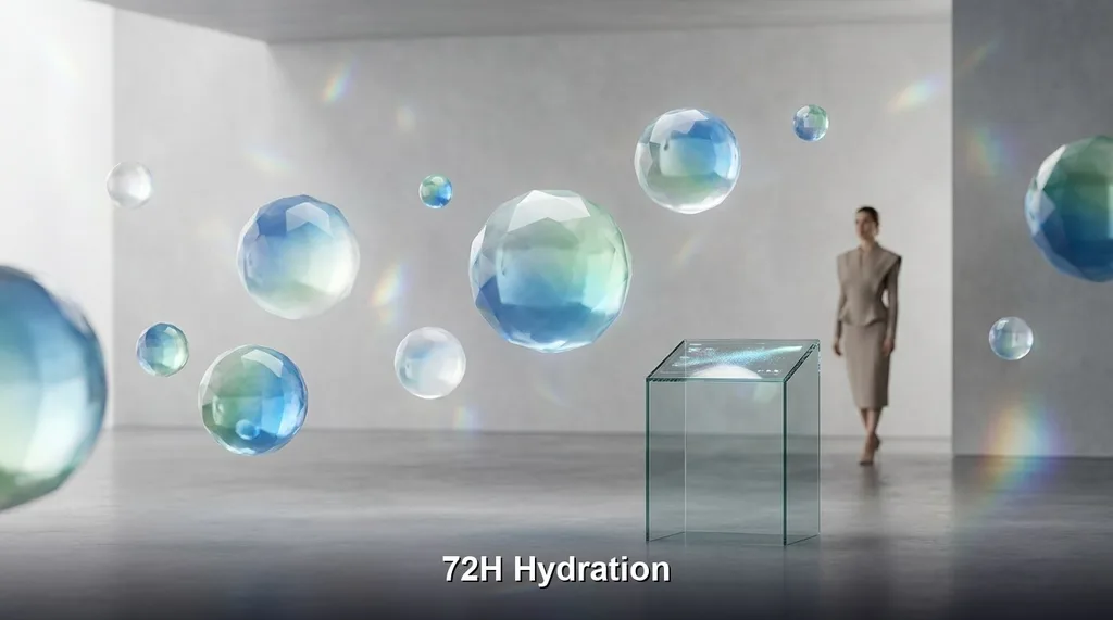 A minimalist, high-tech visualization studio with floating geometric spheres representing molecular weight gradients