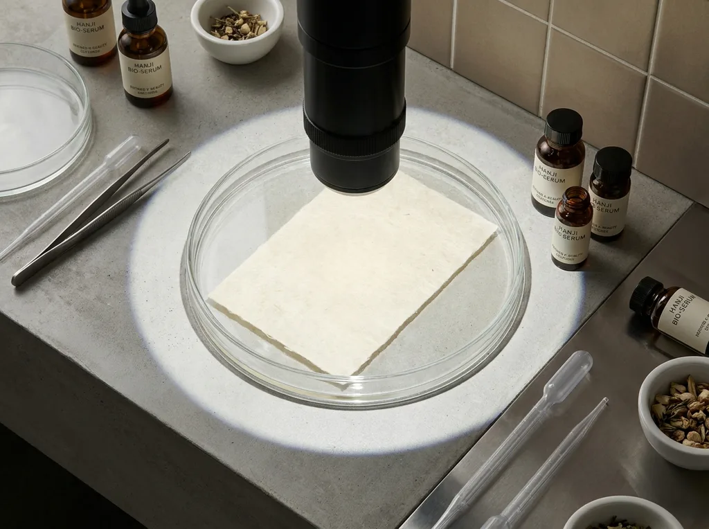 A sterile but organic laboratory environment where traditional hanji paper meets modern scientific observation