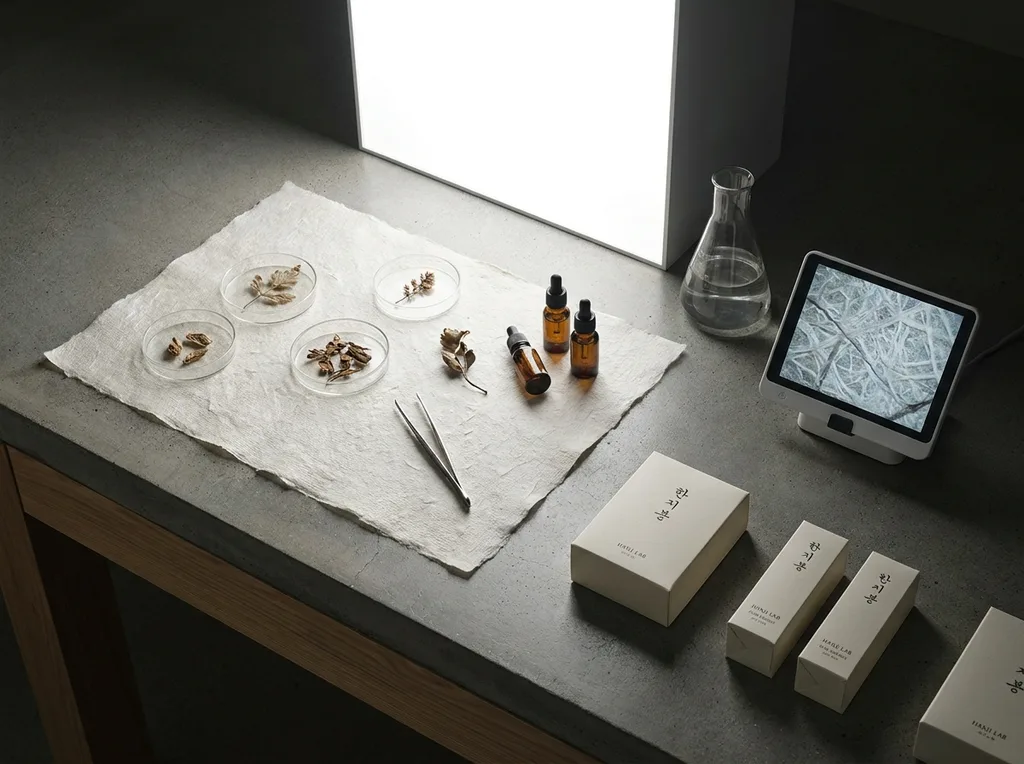 A sterile but organic laboratory environment where traditional hanji paper meets modern scientific observation