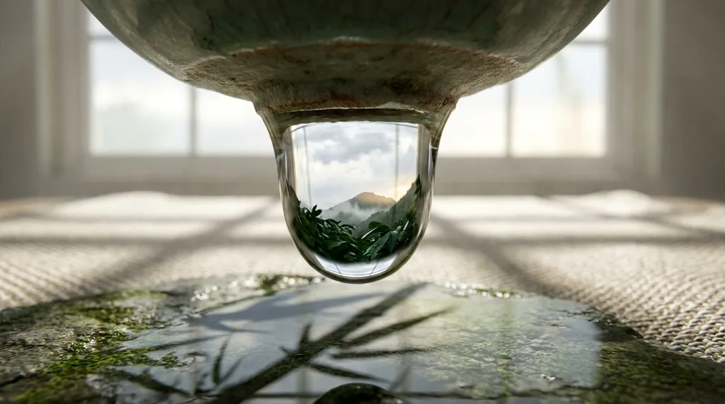 Cold weight of translucent water drop suspended above aged celadon bowl, its surface tension holding barely one millisecond from releasing Within it floats an inverted pale sky, a single bamboo shadow crossing the stone beneath Extreme macro