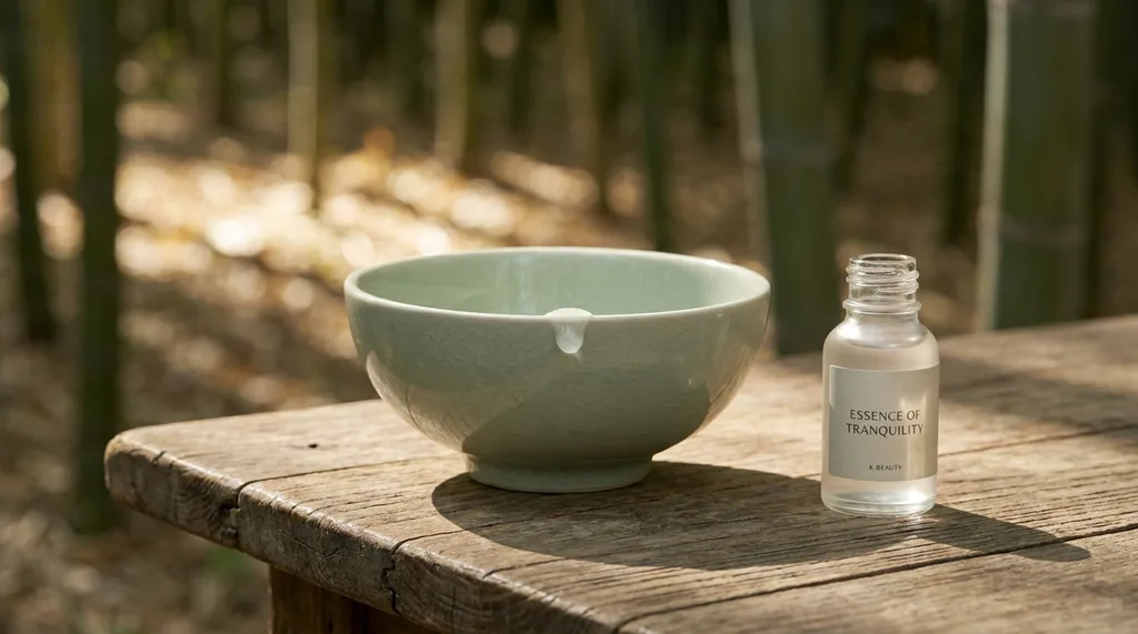 A serene, traditional Korean wabi-sabi setting with a minimalist celadon bowl, invoking deep hydration and timeless beauty