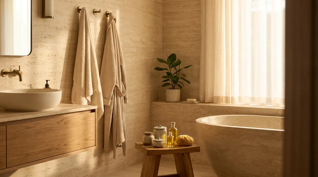 A serene, zen-like bathroom interior with soft, warm textures and natural stone, emphasizing the importance of a healthy, protected skin barrier