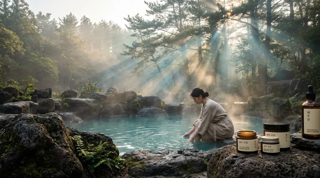A serene, early-morning atmosphere at a Jeju volcanic hot spring, emphasizing the primal connection between earth minerals and human restoration