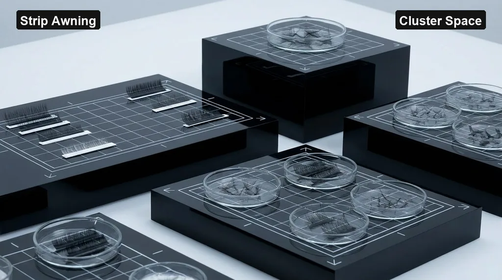Clean-room laboratory setting with matte black acrylic presentation surfaces and precise architectural alignment lines