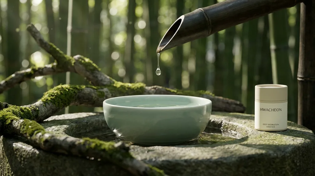 A serene, traditional Korean wabi-sabi setting with a minimalist celadon bowl, invoking deep hydration and timeless beauty