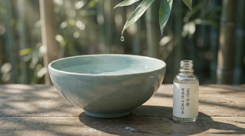 A serene, traditional Korean wabi-sabi setting with a minimalist celadon bowl, invoking deep hydration and timeless beauty