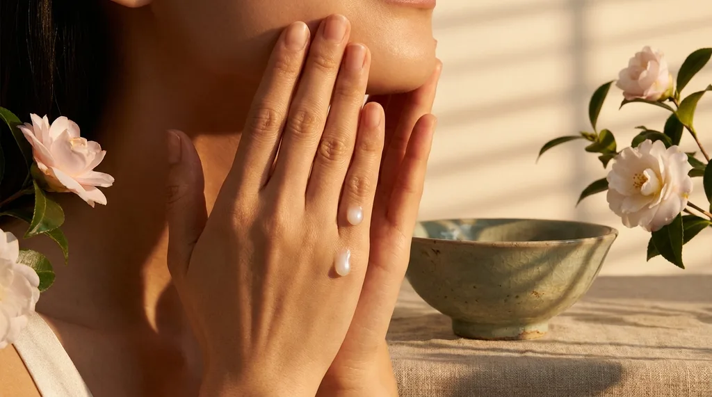 Warm weight of pressed palms against a jaw fingertips slightly spread, the pressure of the patting technique visible in the slight indent of touch A single bead of toner at the edge of a knuckle, not yet absorbed Eye level, close, wild camellia blossoms surrounding