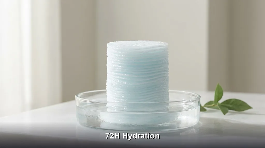 A clinical yet serene aesthetic A stack of cooling toner pads is arranged in a perfect geometric column, partially submerged in a shallow glass dish of clear, chilled water
