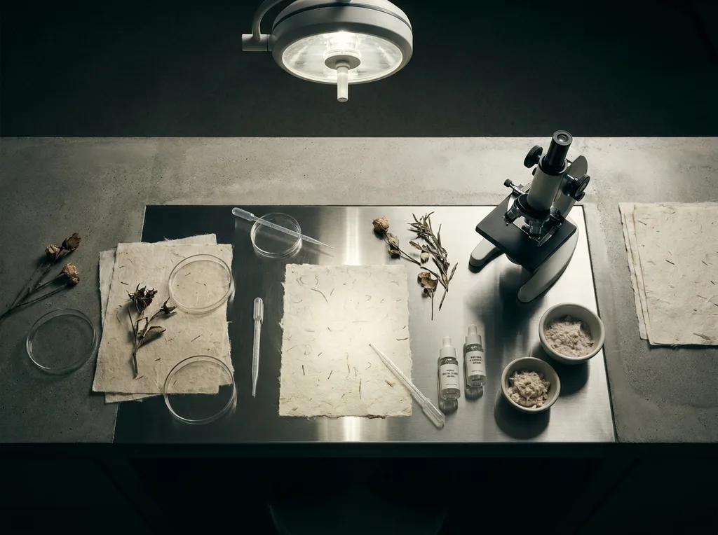 A sterile but organic laboratory environment where traditional hanji paper meets modern scientific observation