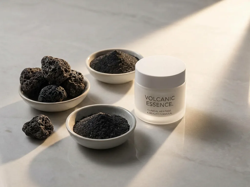 A sophisticated clinical-heritage aesthetic, bridging ancient volcanic minerals with cutting-edge dermatology