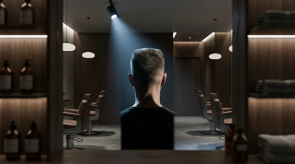 A quiet, high-end, masculine grooming sanctuary with clean lines and soft, moody lighting