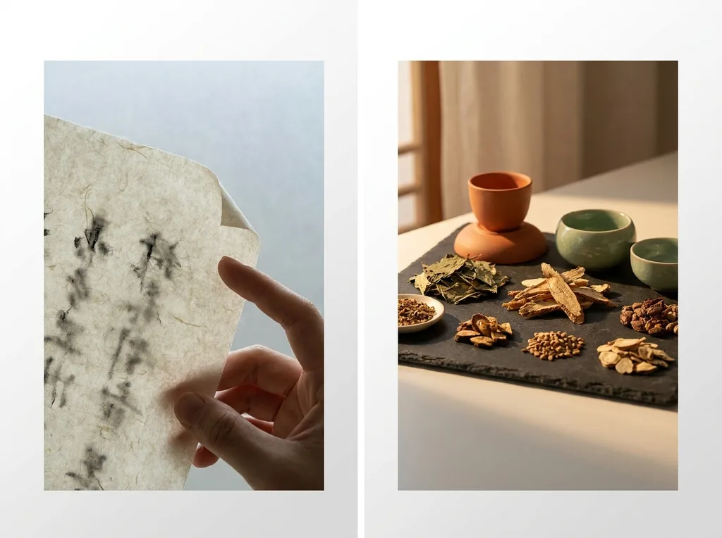 Warm roughness of hanji paper held up to pale grey morning light, faint ink marks bleeding through from the other side almost legible, almost resolved One corner beginning to curl away from the fingers holding it Eye level