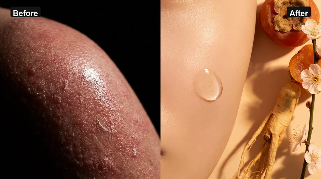 Macro shot of skin surface Left side showing red, inflamed texture right side showing calm, unified, hydrated skin Clinical lighting, flat lay, high resolution, traditional vs contemporary Korean material