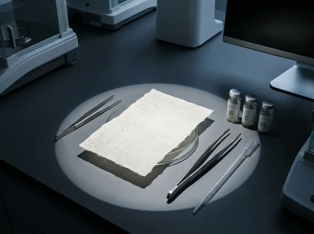 A sterile but organic laboratory environment where traditional hanji paper meets modern scientific observation