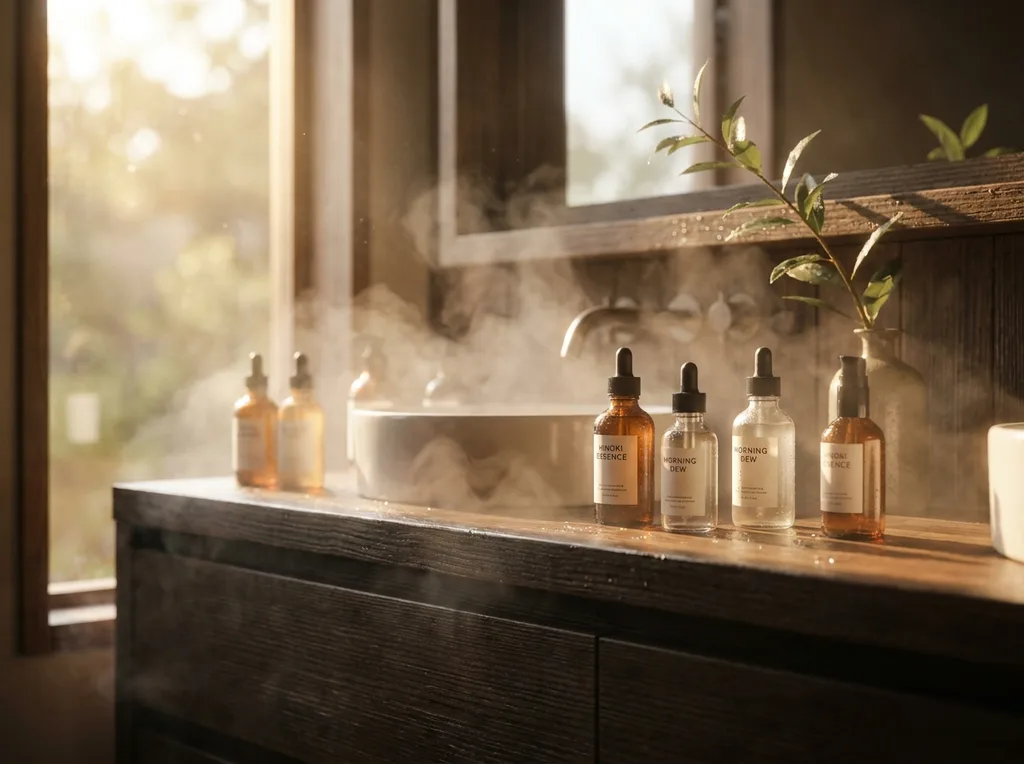 Serene bathroom vanity crafted from dark hinoki wood, surrounded by soft morning mist