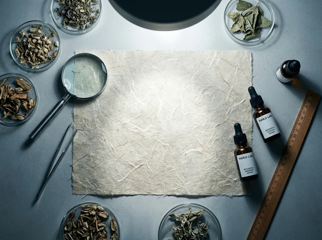 A sterile but organic laboratory environment where traditional hanji paper meets modern scientific observation
