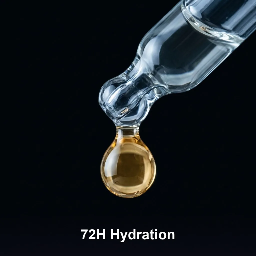 A single golden drop of fermented essence suspended from a glass pipette The liquid is viscous and translucent High-speed macro photography, Korean precision laboratory aesthetic