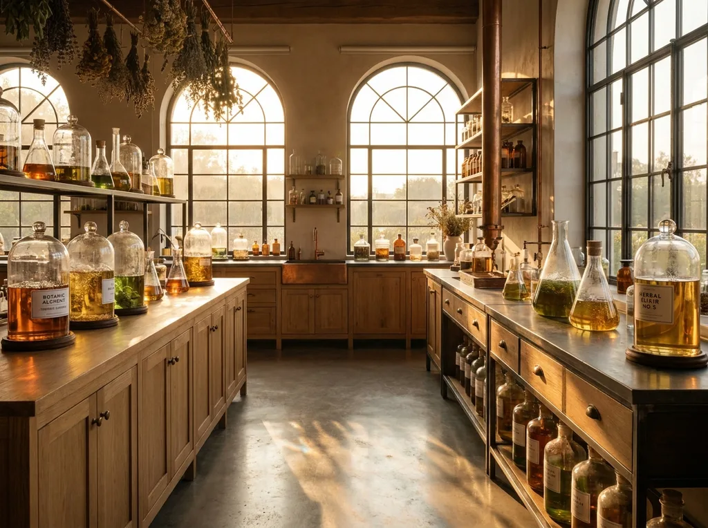 An artisanal, apothecary-meets-lab environment featuring glass beakers filled with botanical extracts undergoing a subtle, effervescent fermentation process