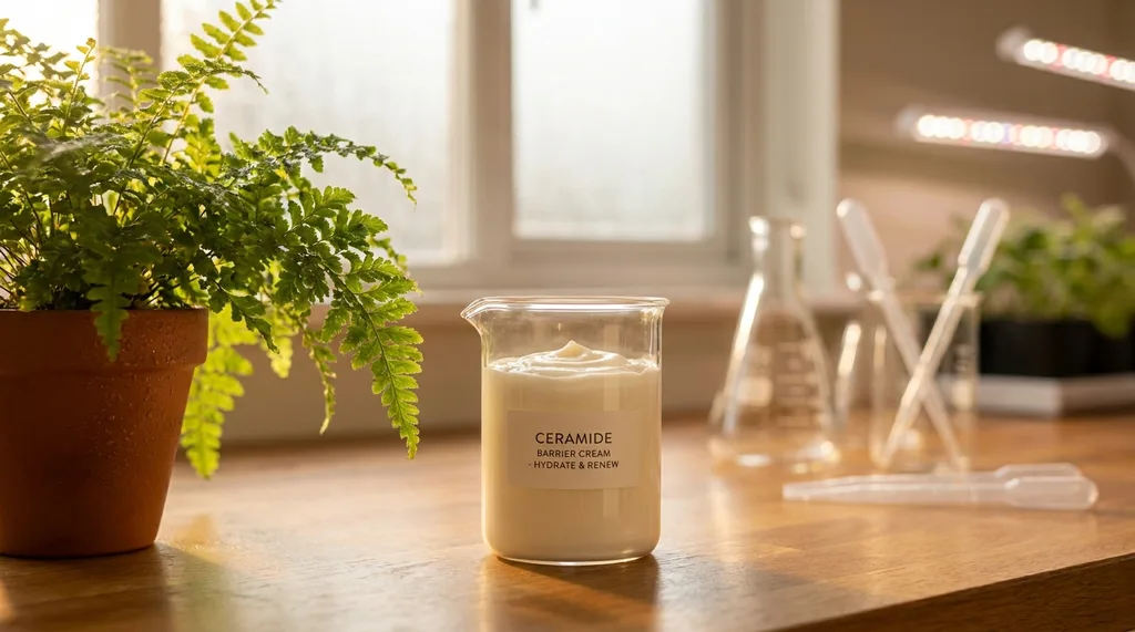 A conceptual laboratory setting A glass beaker containing a rich, creamy ceramide emulsion sits next to a vibrant, healthy green plant, symbolizing barrier health and vitality