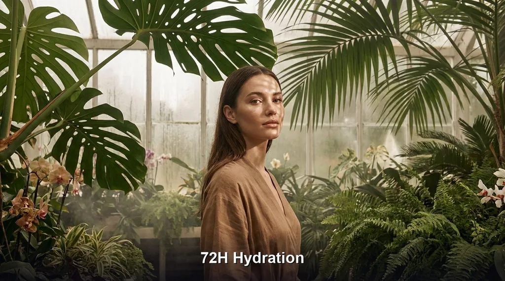 A lush, indoor botanical garden setting with soft, diffused light filtering through large tropical leaves, creating a serene, dewy environment