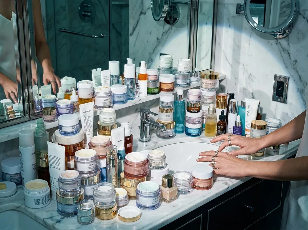 Chaotic, overwhelmed visual tension symbolizing the dangers of skincare overload O-beo-ke-eo