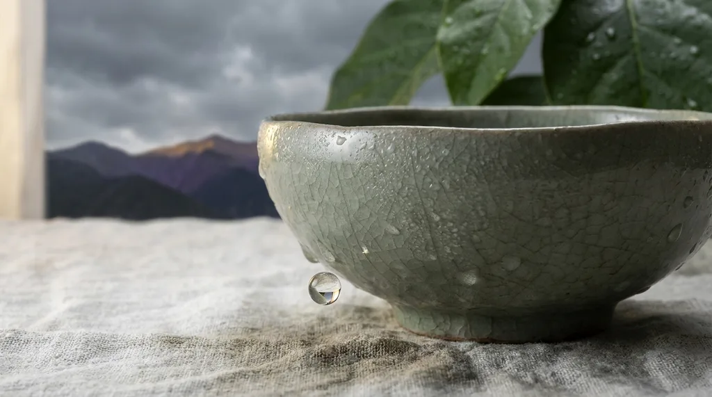 Cold celadon ceramic under fingertips, condensation forming on its curve in the pre-dawn chill A single bead of water at the bowls rim holds its form neither falling nor settled catching the first grey light Slightly above, angled down