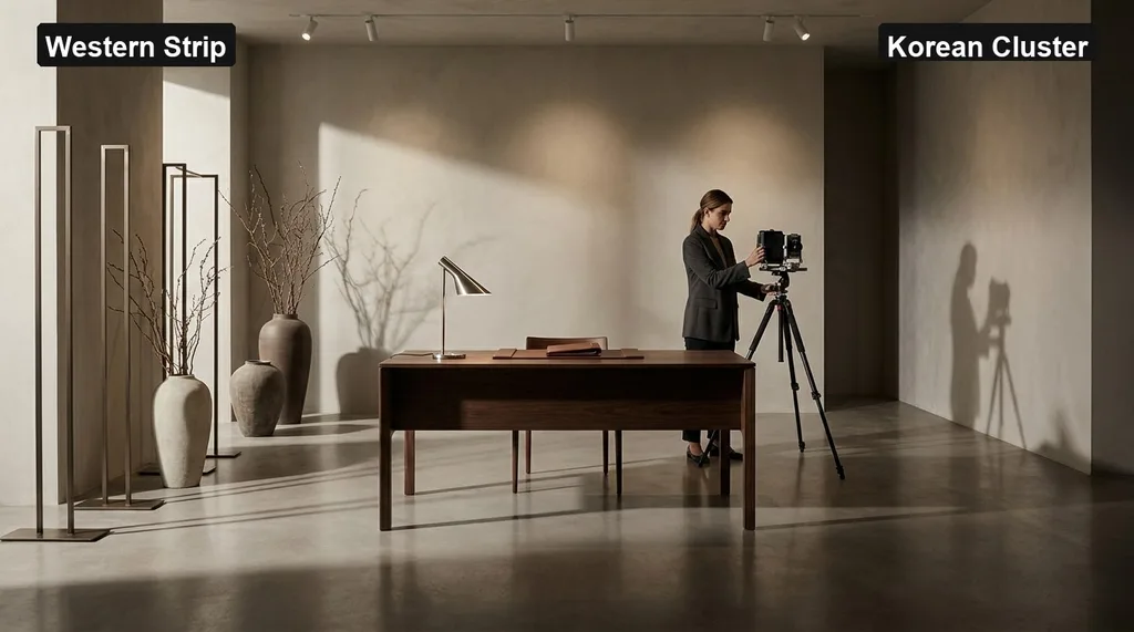 Clean architectural design studio with polished concrete surfaces and minimalist props