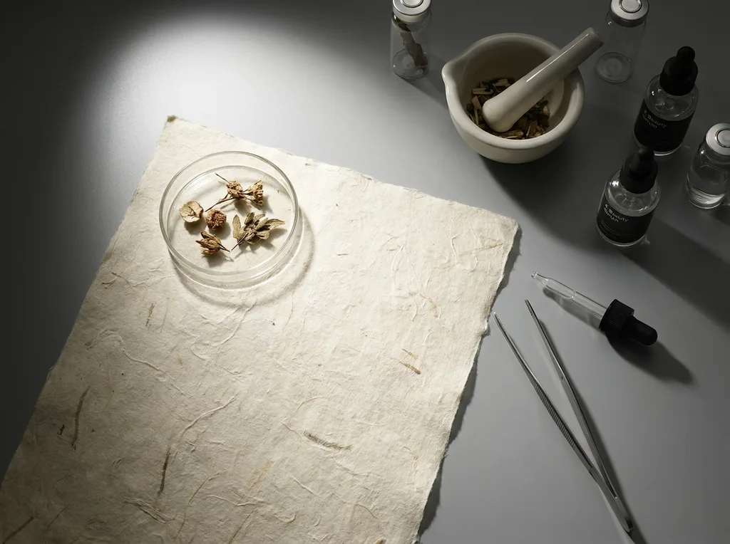 A sterile but organic laboratory environment where traditional hanji paper meets modern scientific observation