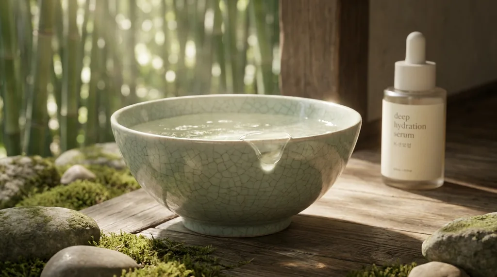 A serene, traditional Korean wabi-sabi setting with a minimalist celadon bowl, invoking deep hydration and timeless beauty