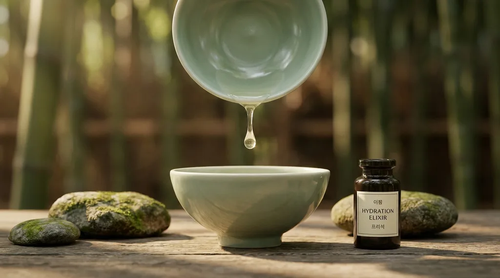 A serene, traditional Korean wabi-sabi setting with a minimalist celadon bowl, invoking deep hydration and timeless beauty