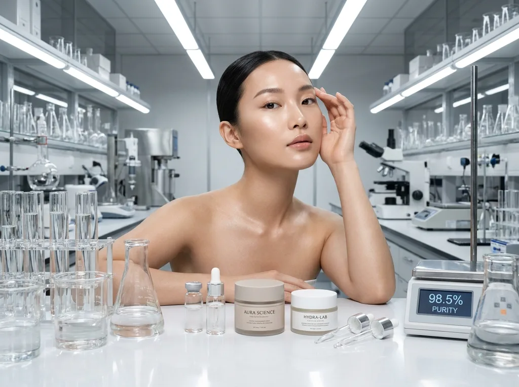 A clinical, high-end laboratory setting with glass beakers and scientific precision