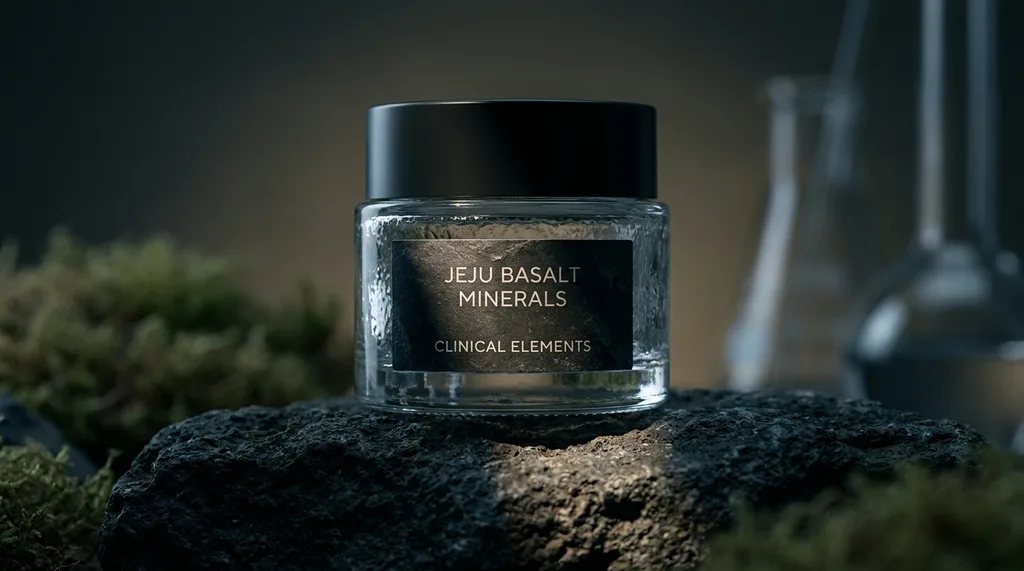 Minimalist, clinical elegance with a touch of Korean geological texture, emphasizing the intersection of science and nature