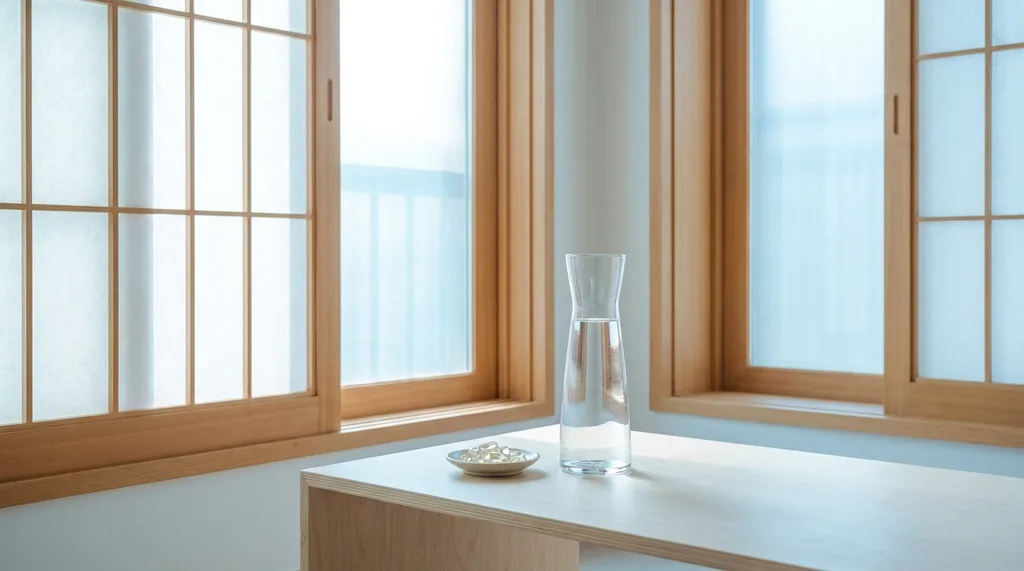 A minimalist, zen-inspired Seoul studio with soft morning light filtering through rice paper screens, featuring a glass carafe of water and translucent supplement capsules