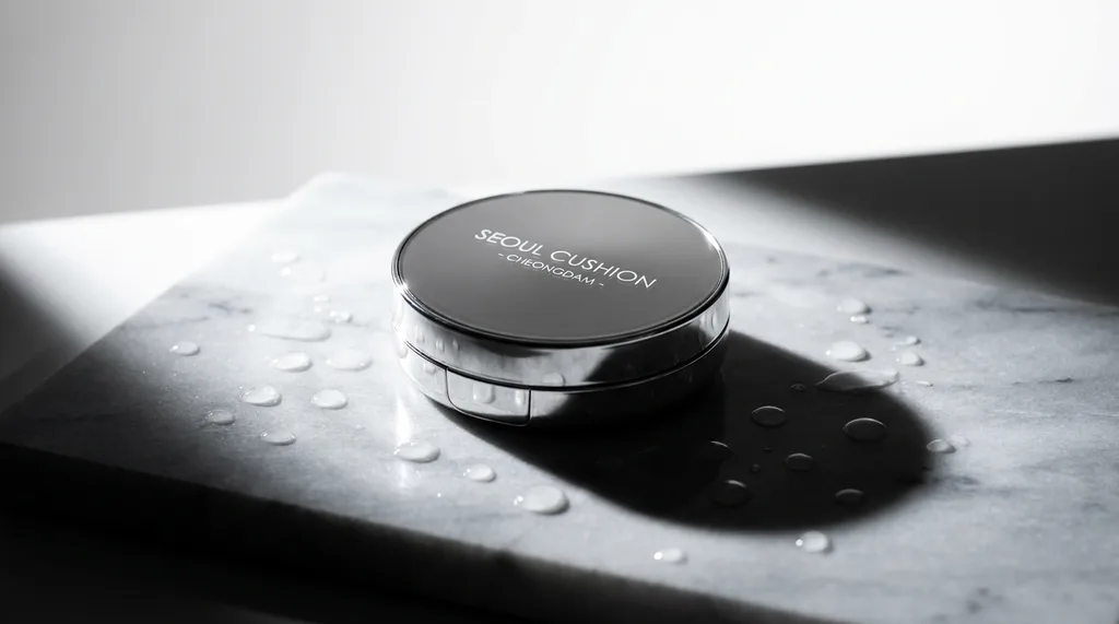 A minimalist, high-contrast studio setting in Cheongdam-dong A single, pristine cushion compact rests on a slab of cool, polished grey marble, surrounded by scattered, translucent dew droplets