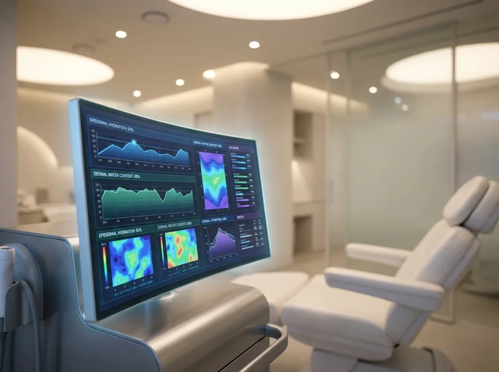A high-tech dermatology clinic in Gangnam, focusing on a skin-analysis machine interface displaying complex hydration metrics