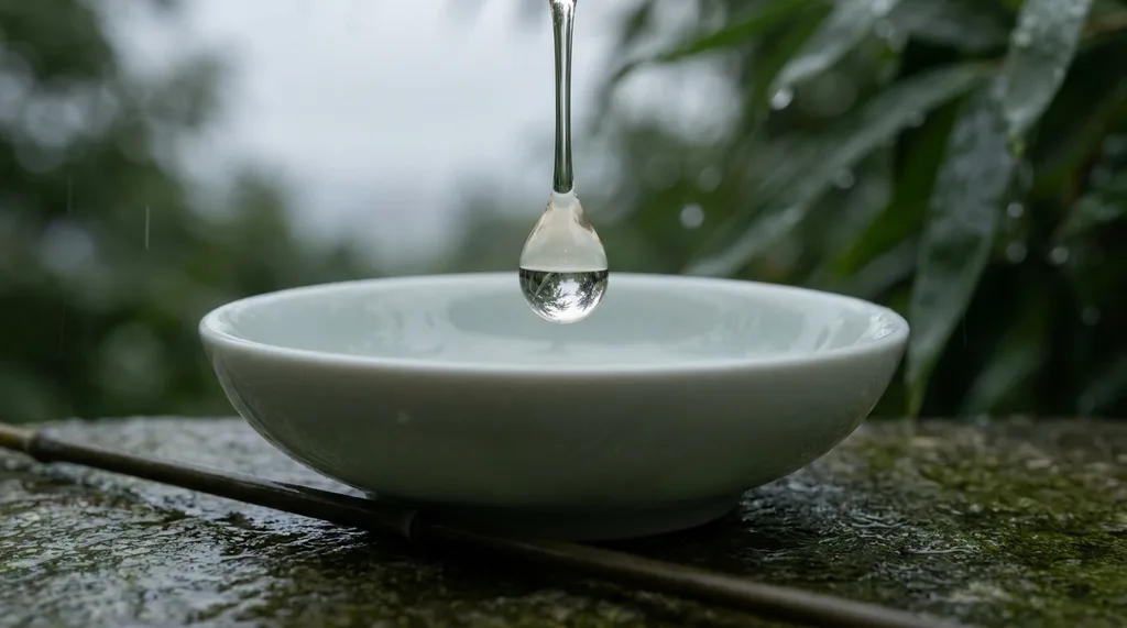 Cold, weighted translucence of a single serum drop suspended one centimeter above a pale celadon bowl surface tension visibly straining, the drop holding a refracted image of a pale grey morning sky within it One strand of bamboo shadow crossing the stone beneath Extreme macro