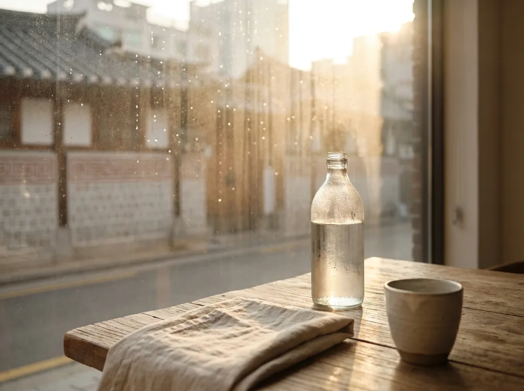 A calm, meditative morning setting in Seoul, emphasizing the intentional, slow, and non-aggressive nature of the routine