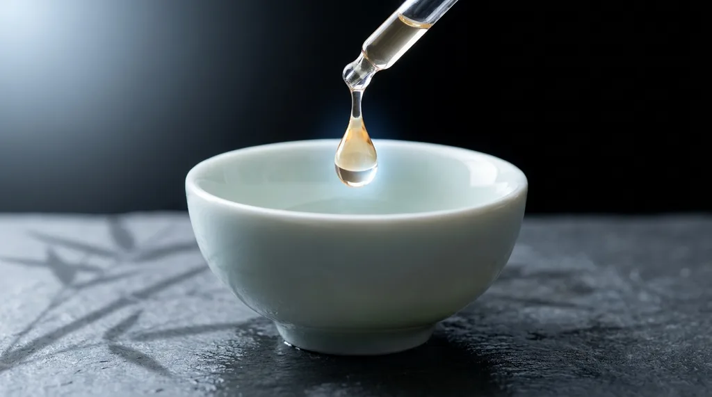 Cold weight of a single translucent amber drop held one centimeter above a pale celadon bowl, its surface tension holding at the very apex before release Morning light enters from one edge, the shadow of bamboo crossing the stone beneath Extreme macro