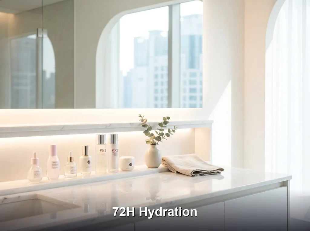 A pristine, marble-topped vanity in a modern Gangnam apartment, featuring a curated shelf of glass-bottled skincare