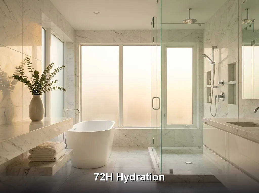 A bright, clinical-yet-warm bathroom environment with soft morning light reflecting off white marble surfaces